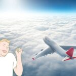 Un aereo in volo e di fianco a sinistra il disegno di un ragazzo che gioisce