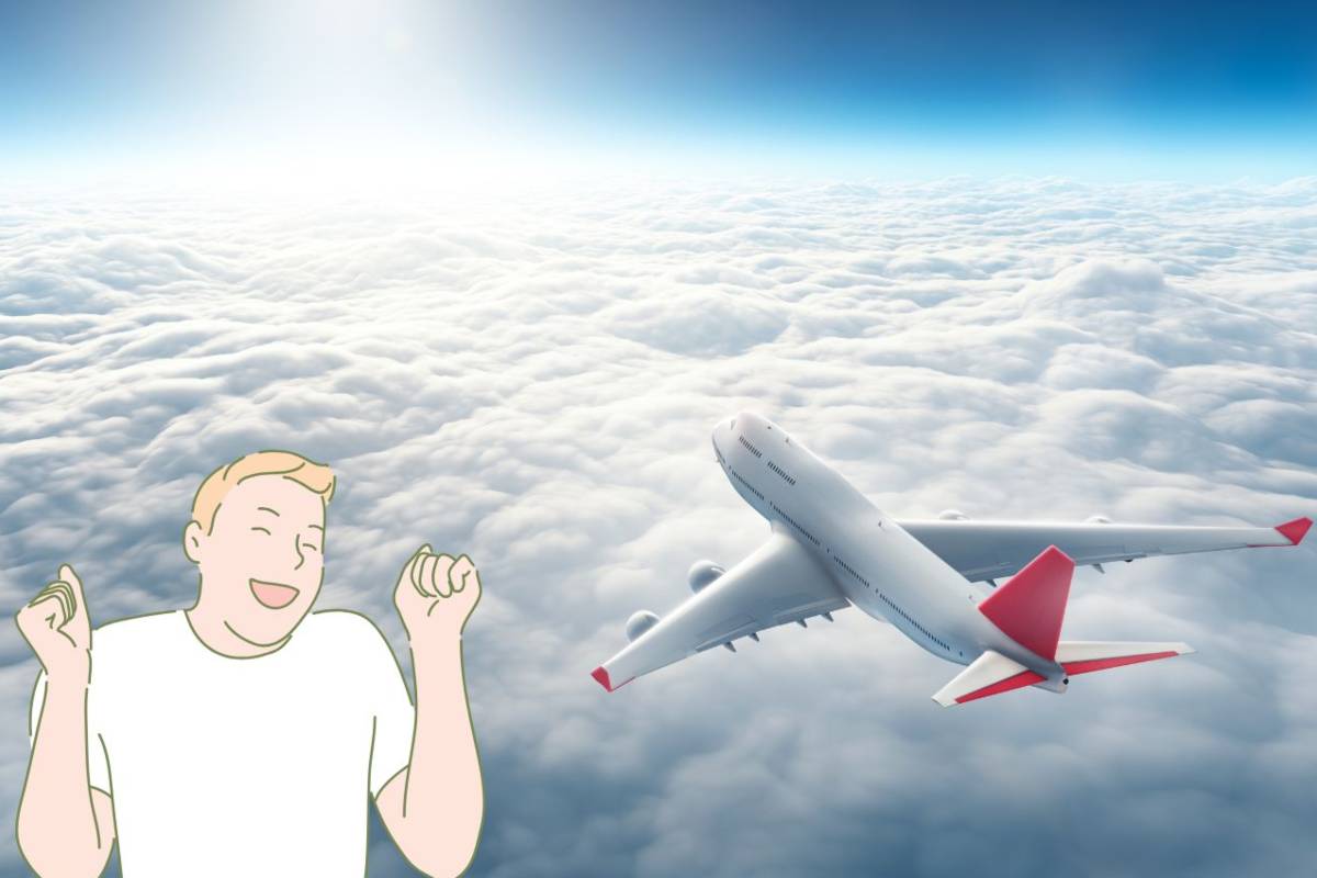 Un aereo in volo e di fianco a sinistra il disegno di un ragazzo che gioisce