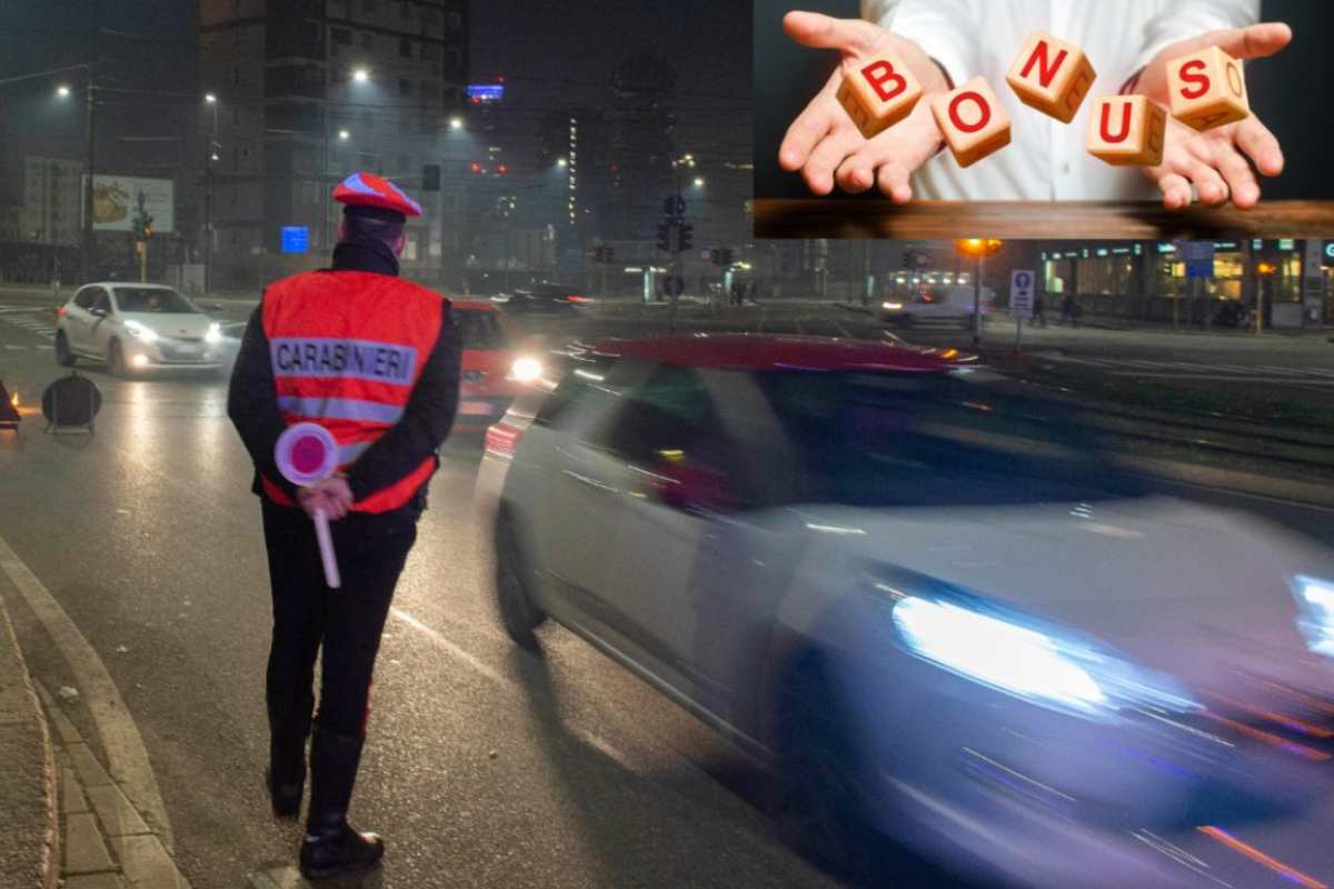 Un carabiniere in strada monitora il traffico. In alto a destra dei dadi che formano la scritta bonus