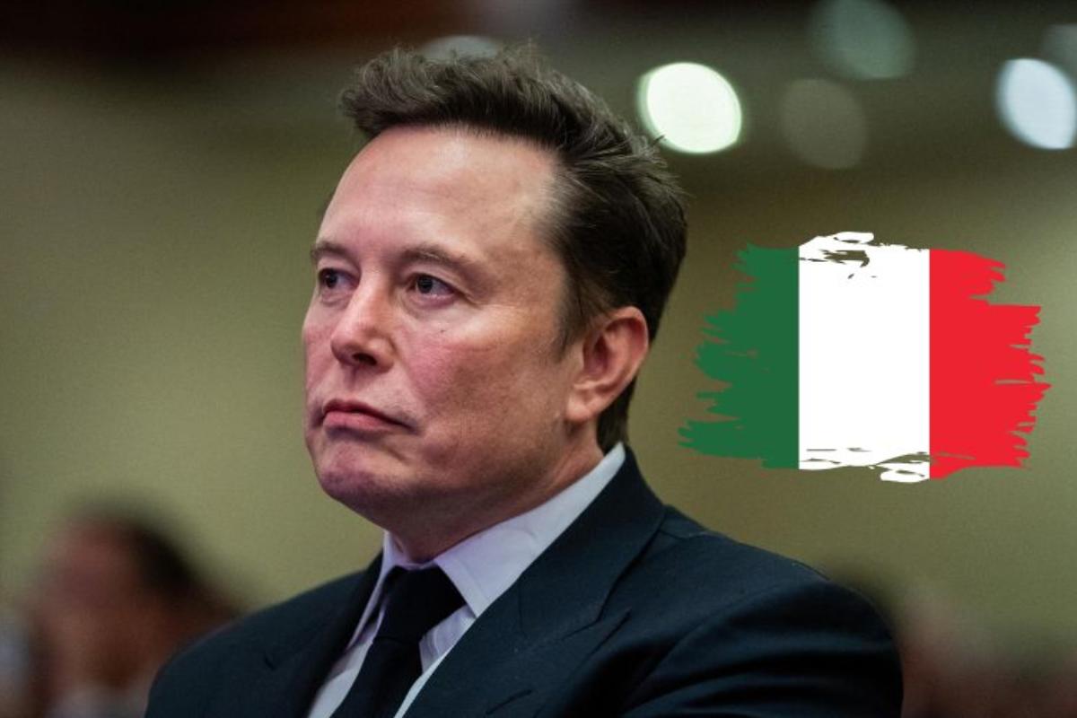 Primo piano Elon Musk e a destra il disegno della bandiera italiana