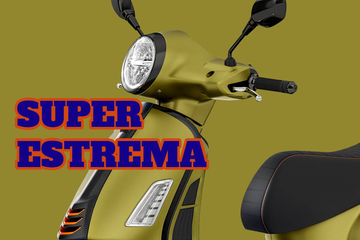 Una Vespa 300 Supersport e a scritta "super estrema"