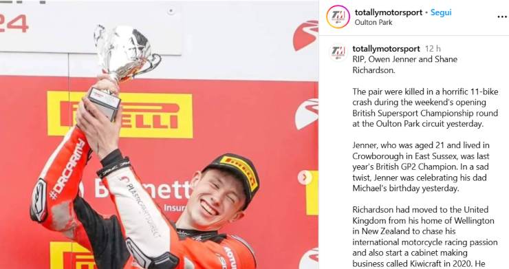 Owen jenner Richardson BSB Supersport morte incidente