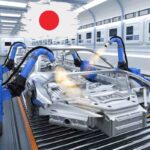 Una linea produttiva di auto e la bandiera giapponese