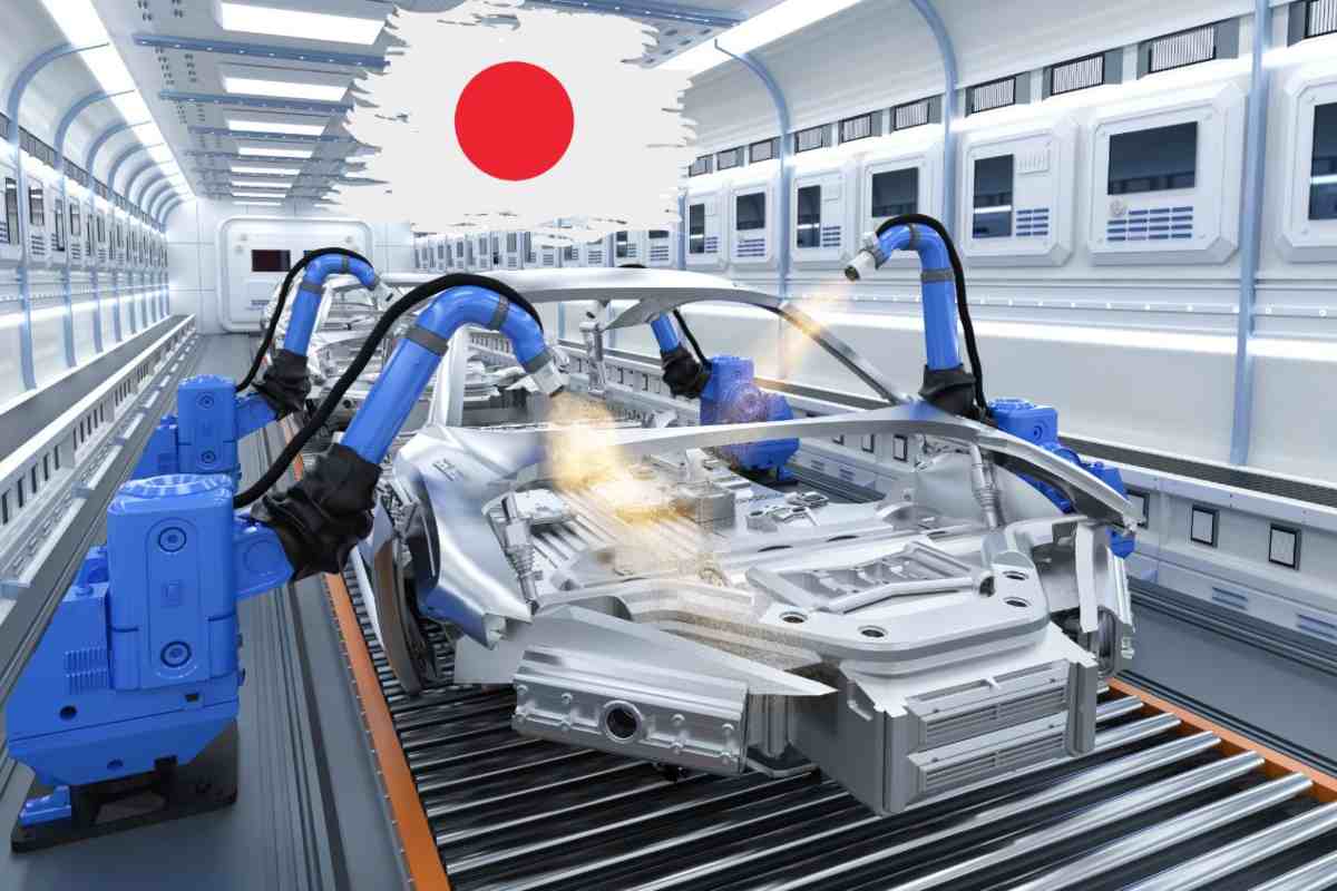 Una linea produttiva di auto e la bandiera giapponese