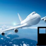 Un aereo in cielo e il disegno di una pompa di carburante