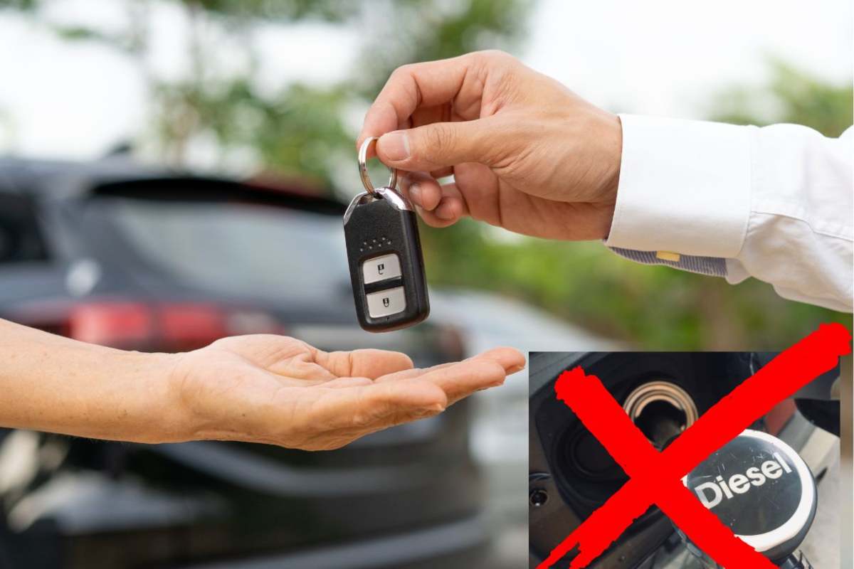 Un'auto sullo sfondo, la chiave, una pompa diesel e la X rossa sopra