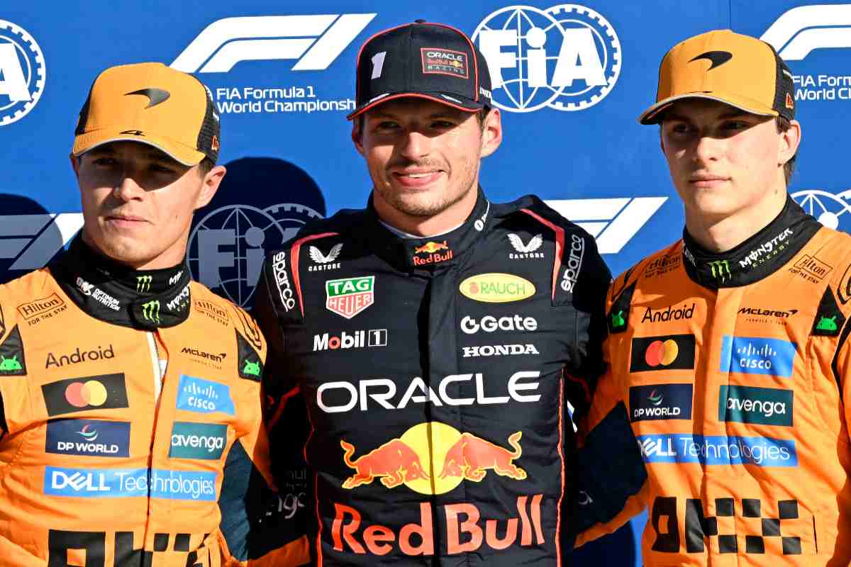 Verstappen Norris e Piastri sul podio